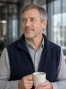 Gary, in a fleece vest, holding a mug